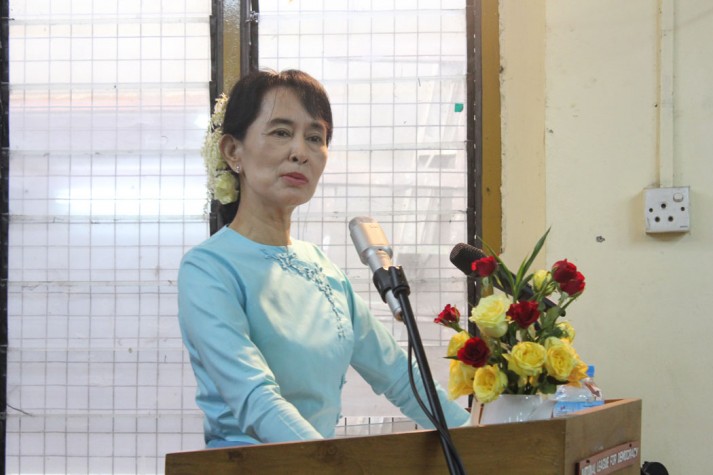 Aung San Suu Kyi delivering a speech following her release in 2010