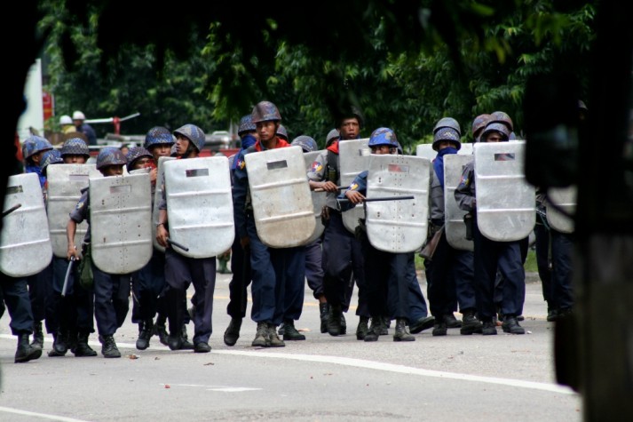SPDC troops march through the streets of Rangoon during the 2007 uprising